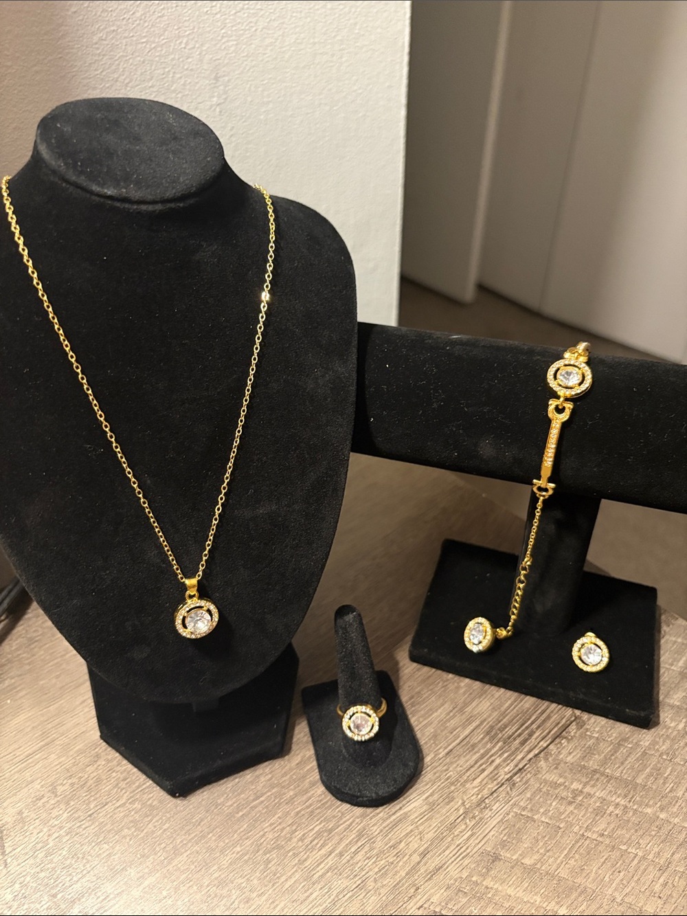Gold-Tone Crystal Pendant Necklace, Bracelet, Ring & Stud Earrings Set
